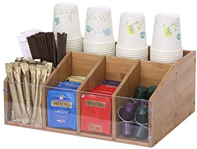 AEEHFENG Organizer per stazioni di caffè, organizer per bar, per controsoffitto in fattoria, con divisori rimovibili, accessori per ufficio e bar, per cialde di caffè, sciroppo, tazze e agitatore
