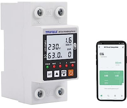 WiFi Smart Energy Meter AC 63A 80-300V WiFi Smart Earth Leakage Over Under Voltage Protector Circuit Breaker Din Rail Electricity Energy Monitor APP Remote Control Smart Life 230V