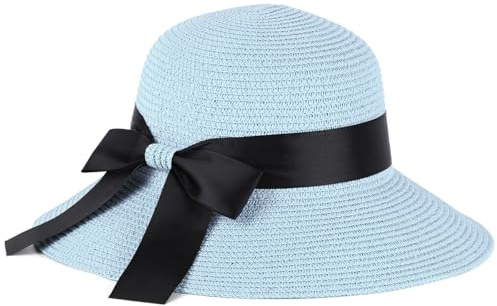 S.ROMZA Sun Strohhut für Frauen mit Windkordel Breiter Krempe Faltbare Strandhüte Damen UV 50 + Reiseschutz Sommerhut Visier Hut Bogen Knoten, hellblau, One Size