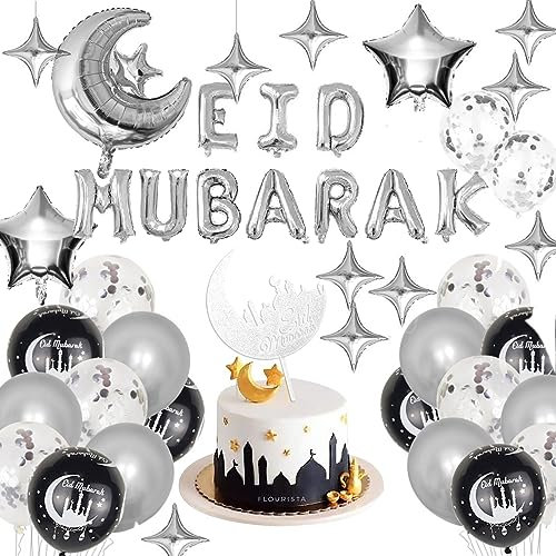 Eid Mubarak - Decoration Aid Moubarak - عيد مبارك - Kit Ballons + Banderole + Décoration Gateaux - Ramadan (modèle argent) - Joyeux Aïd El-Fitr