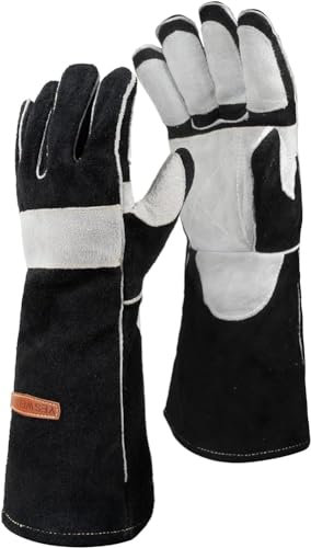 YESWELDER 40cm, 500℃ Guanti da saldatura MIG in pelle, con cuciture in Kevlar resistenti al calore/al fuoco, rinforzi sul palmo, nero-grigio