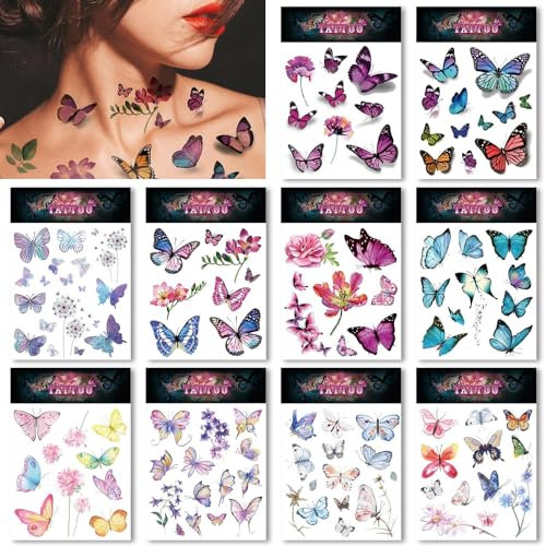 120 styles de tatouages temporaires 3D Papillon Réaliste pour les femmes adultes, Papillon coloré tatouages temporaires pour les femmes, faux tatouages pour les décorations d'anniversaire