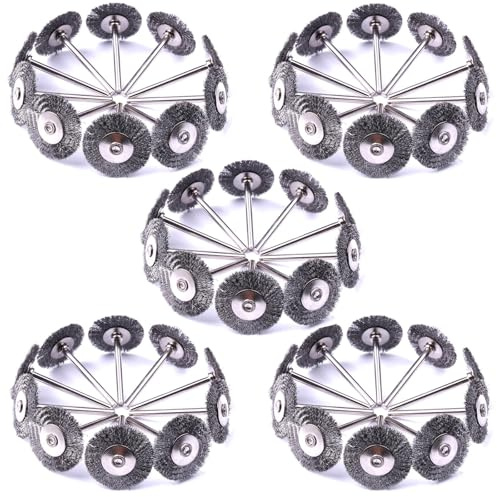 ATOPLEE Wire Wheel Brush Set,50pcs 1 inch/25mm Mini Wire Wheel with 3mm Round Shank,Alloy Steel Crimped Wire Brush Wheel for Cleaning Rust,Paint, Stripping and Abrasive,for Drill Attachment
