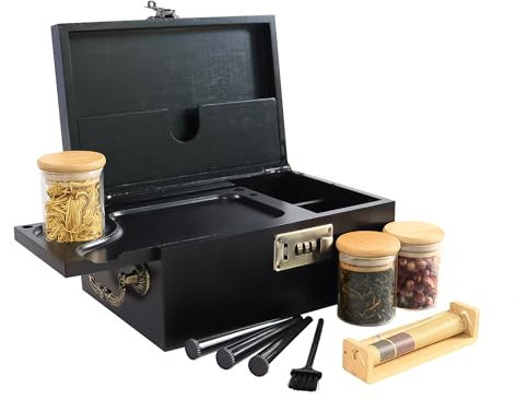 JIABOLANG Bambusbox mit Zahlenschloss, Dekorative Box mit Griff, Große Aufbewahrungsbox Set, Premium verschließbare Stashbox Organizer Set als große Geschenkwahl (Schwarz)