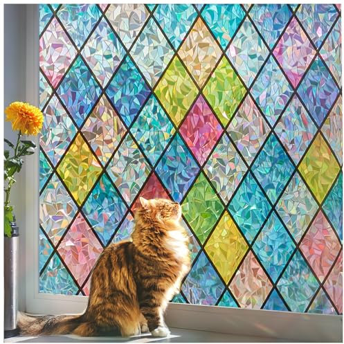 Beautysaid Rainbow Window Film Privacy: Stained Glass Self Adhesive, No-Glue Frosted Window Tint, Static Cling，UV Window Film Home (Multicolor, 44.5x200cm）