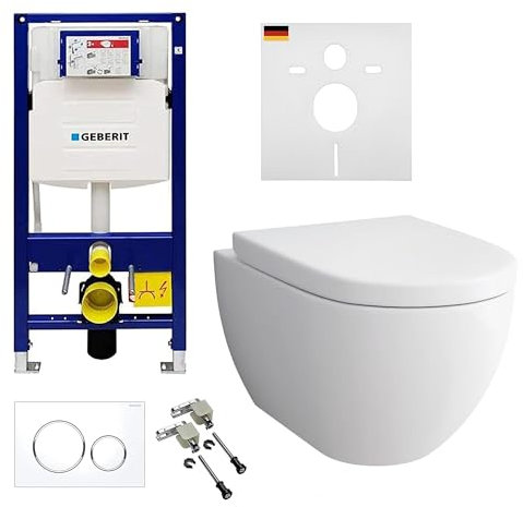 Alpenberger Hänge WC Komplettset | Wand WC Spülrandlos mit WC Sitz mit Absenkautomatik | Dusch WC mit Geberit WC Spülkasten Bausatz Betätigungsplatte | Vorwandelement WC Set mit Schallschutz