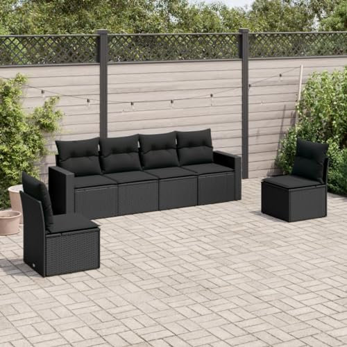 ULUYYUC 6-TLG. Garten-Sofagarnitur, Eckbankgruppe Schlafsofa Gartenmöbel Set Küchensofa Geeignet für Außenbereich Garten Balkon Hinterhof mit Kissen Schwarz Poly Rattan