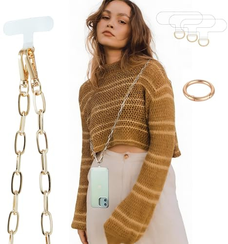 Casecond Crossbody Phone Lanyard Chain Shoulder CellPhone Strap Phone Charm Neck Chain iPhone Holder 3 Pad Patche Tether Universal for iPhone 16 Pro Max 15 14 11 Samsung S24 Flip 5 Google Moto Gold