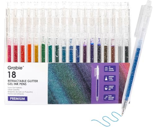 Grabie glittergelpennor 18 färger, metalliska vibrerande gnistrande gelpennor för färgning, infällbara gnistrande glittermarkörer, glitterpennor för vuxna, färgade gelpennor för vuxna målarböcker och