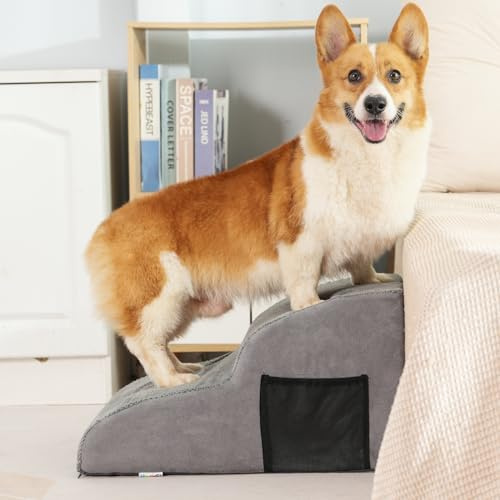 YunNasi Escalera de 2 Etapas para Perros y Gatos, Rampa para Mascotas Pequeñas, con Funda Lavable y Fondo Antideslizante, para Sofá o Cama (2 Pasos-Gris)