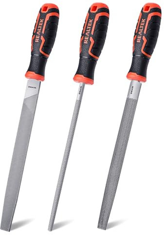 REALTEK Feilenset Metall 3tlg. inkl. Flachstumpfeile, Halbrundfeile, Rundfeile, 200mm, Metallfeile mit Gummigriff, Feilensatz für Metall, Holz oder Kunststoff