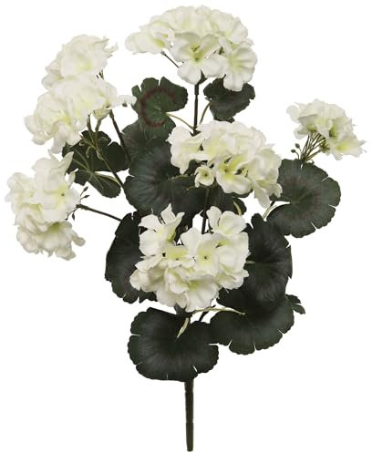 18 Vibrant White Geranium Bush with 7 Fronds - 1PC, Lifelike & Artificial Flower for Indoor/Outdoor Decor (White)