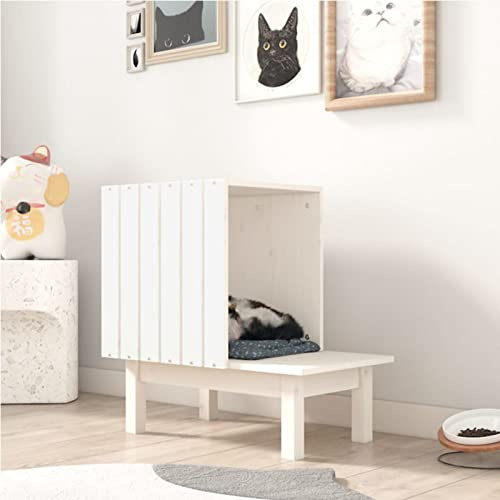 Brokky Casetta per Gatti Bianca 60x36x60 cm in Legno Massello di Pino,Casetta per Gatti in Legno, Cuccia da Esterno Casa per Gatti