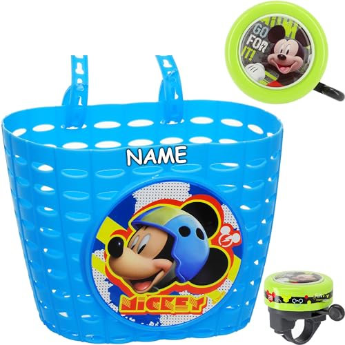 alles-meine.de GmbH 2 TLG. Set: Fahrradklingel + Fahrradkorb - Mickey Maus - inkl. Name - UNIVERSAL Ding Dong - 2 Klang - Klingel für das Fahrrad/Jungen Mädchen - kleine Lenker..