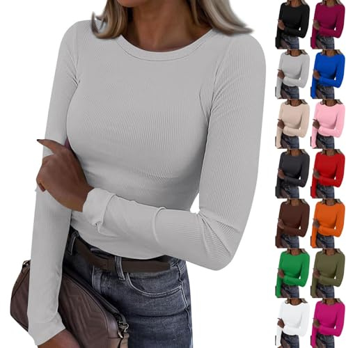 T-shirt dam oversize långärmad – undertröja enfärgad basic långärmad tröja ribbade undertröjor tajta tröjor slim fit Y2K skjorta sportig löpartröja yoga sportskjorta casual fitnessskjorta, Mörkgrå, XL