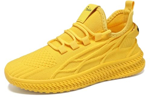 Sneaker dam, extra breda sportskor, dam, ventilerande sneakers, platt sula, sommarskor, lätta, träningsskor, halkfria halvskor med skosnören, promenadskor, moderna slip-skor, GUL, 40 EU