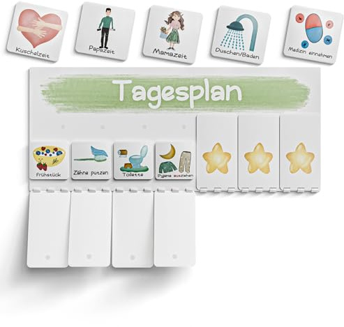 MEGA Tagesplan für Kinder, Routineplaner Kind, Morgenroutine & Abendroutine mit Klett-Punkten zum umklappen, 30 Kärtchen, Handmade, Deutsch, Tagesplaner