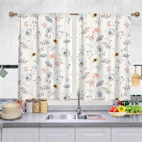 Highdi 2 Piezas Cortinas Cortas Cocina con Bolsillo Media Cortina Pequeña Ventana Dormitorio Translucidas Rustica Bistro para Dormitorio Café Baño (Flores,70 * 100cm)