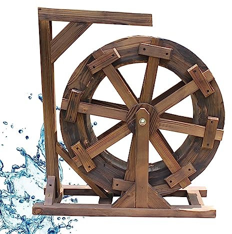 Holz Wasserrad Brunnen Garten Dekoration - Freistehendes Wasserspiel für Balkon und Garten, 50cm Design