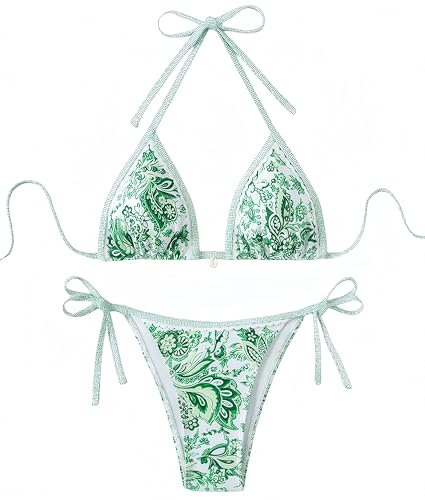 Ocean Plus dam V-ringad blommig triangel bikiniset med bygel spaghetti badmode bandeau trosor med dragsko, Gräsgrönt mönster, S