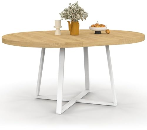 IDMarket Selma – Mesa de comedor extensible redonda para 4-8 personas, madera y blanco, 110-150 cm