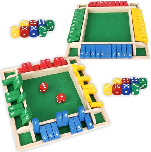 Wewounyl Shut The Box Game Wooden (2-4 Players) with Dices for Classroom, Home, Party and Pub, Math Games Classics 4 Sided Tabletop Version Easy to Learn for Family (Small 2 Packs)