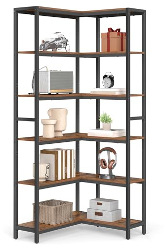 VASAGLE Libreria a 6 Ripiani, Scaffale Angolare, 24 x 102 x 175,2 cm, Libreria Angolare, Stile Moderno, per Soggiorno, Camera da Letto, Ufficio, Marrone Vintage e Nero Inchiostro LLS606K01