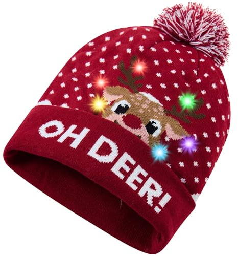Freshhoodies Weihnachtsmützen Erwachsene LED Hut Wintermütze Damen Strickmützen Herren Weihnachtskappe Paare Renier Schneeflocken Rot