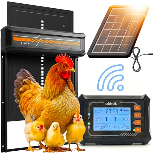 Okkobi Automatisk hönshusdörr – soldriven med trådlös kontrollbox – LCD-skärm, timer och ljussensor – rovdjursbeständig – 27,5 x 36,15 cm dörr – väderbeständig – 5-års skydd – svart