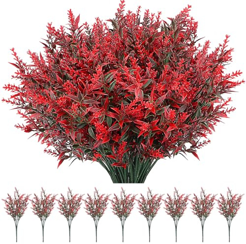 9 Bundles Artificial Flowers Outdoor, Plastic Red Artificial Lavender | UV Resistant Fake Flowers, Faux Shrubs Plants for Indoor Decor, Home or Outdoor Garden, Porch, Windows Arrangements