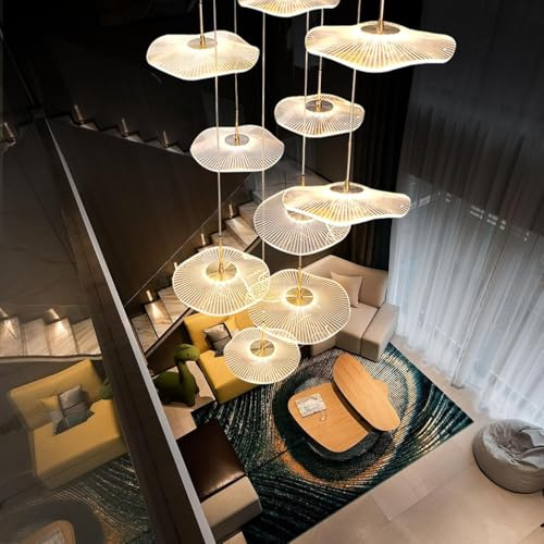 LYSDjia Kronleuchter hohe Decken dimmbar modern goldene Pendelleuchte in Lotusblattform spiralförmige luxuriöse lineare LED Lampe Hängelampe geeignet für Foyer Eingang Treppenhaus Villa Wohnzimmer