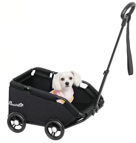 PawHut Hundewagen Klappbar für Zwergenhunde 4 kg mit Griffstange Schwarz | Klappbarer Hundebuggy, Zusammenklappbarer Katzenbuggy, Waschbares Kissen, Sicherheitsleinen, Aufbewahrungstasche, 4 Räder
