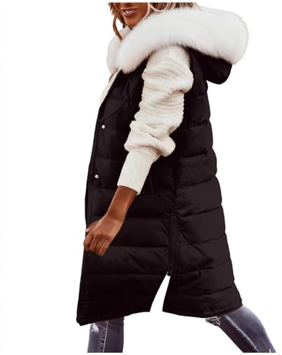 Women's Gilets Quilted Gilet for Women Plus Size Longline Sleeveless Vest Puffer Jackets Waistcoats Warm Thick Zip Hooded with Detachable Faux Fur Collar with Pockets Winter Warm Ladies Body Warmer