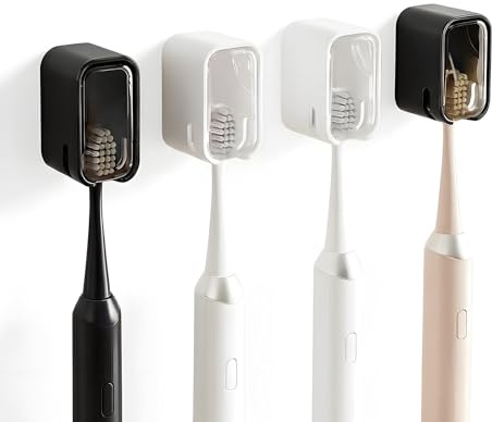 Väggmonterad tandborsthållare (2 svarta, 2 vita), elektrisk tandborsthållare med lock utan borrning, tandborsthållare för resor