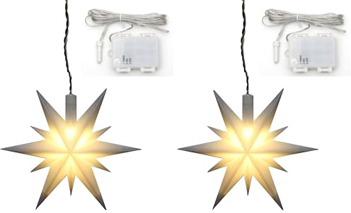 ***Weihnachtsstern aus Kunststoff in weiß, für Innen und Außen geeignet, inkl. LED Beleuchtung und 6h Timer, für Batteriebetrieb. Maße L/B/H: 13,5 x 5,5 x 12 cm. (Packung mit 2)