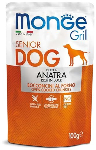 MONGE Cane Grill Bocconcini – Ricco in Anatra – Senior | alimento umido in bocconcini per cani anziani di tutte le taglie, altamente appetibile, Made in Italy, senza cereali, 12 bustine da 100 grammi.
