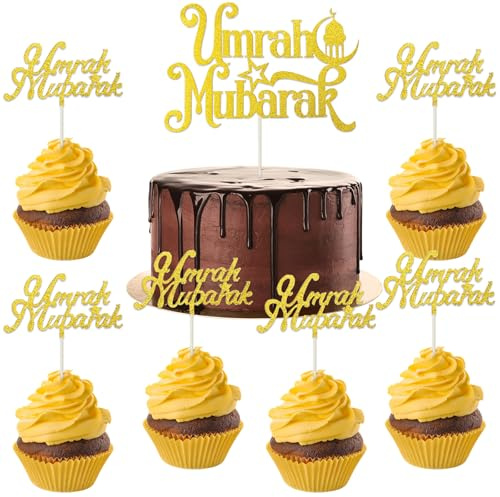 13PCS Umrah Mubarak Cake Topper,Gold Elegant Flash Cake Topper,Moon Star Eid Mubarak Cupcake, for Eid Islamic Muslim Theme Party Cake Decorations Supplies