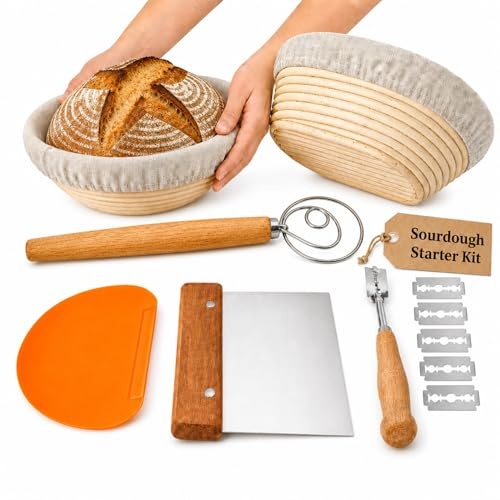 Sourdough Starter Kit for Bread Making – Banneton Proofing Basket Set, Dough Scraper, Bread Lame & Danish Whisk–100% Natural Rattan Set for Artisan Baking, Ideal for Beginners & Home Bakers
