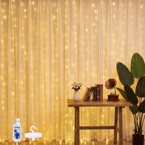 Guhope Lichtervorhang innen 2x2m, 200 LED Lichterkette fenster wasserdicht | USB Lichterketten Vorhang, 8 Modi mit Timer für Party, Balkon deko, Valentinstag Deko,Zimmer, Weihnachtsdeko WarmWeiß