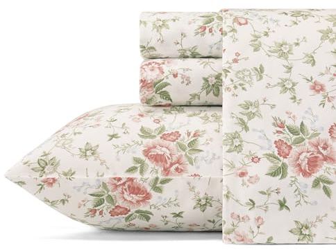 Laura Ashley Soft Sateen Cotton Bedding Set-Sleek, Smooth, & Breathable Home Decor, Lilian Coral, Queen