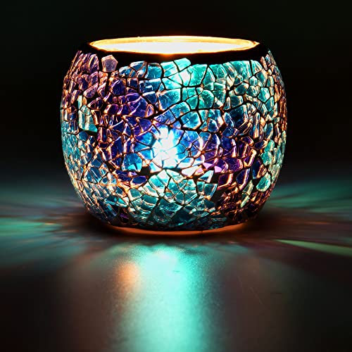 Larcenciel Mosaic Glass Candle Holder/Tea Light Holder/Vase/Pen Holder, Romantic Handmade Shattered Glass Tea Light Candle Shade/Potted Plants Bowl for Home Decoration Wedding Party (Blue)