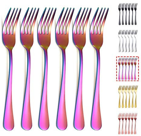 Kyraton Fourchette à dîner arc-en-ciel 6 pièces, fourchettes en acier inoxydable de 20cm, argenterie plaquée en titane coloré, fourchettes multi-couleurs, lot de 6