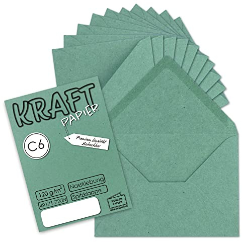 50x Kraftpapier Umschläge DIN C6 Eukalyptus-Grün, 114 x 162 mm | 11,4 x 16,2 cm Vintage Briefumschläge mit Nassklebung Spitzklappe - 120g/m² - NEUSER PAPIER