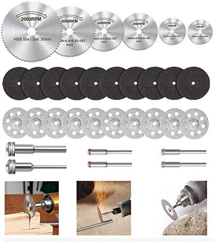 32 Piezas Discos de Corte para Dremel, Disco Corte Diamante & Mini Hoja de Sierra Circular HSS & Mini Disco de Corte de Resina (3mm Mandril) para Madera, Vidrio, Plástico, Piedra, Metal