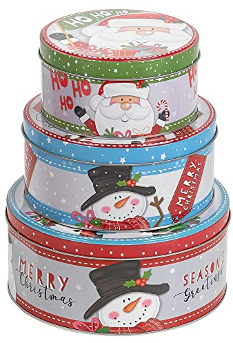 URBN-CHEF 3pcs Christmas Cookie and Cake Xmas Biscuit Storage Nesting Tin Set Square/Round (Santa Snowman, Round)