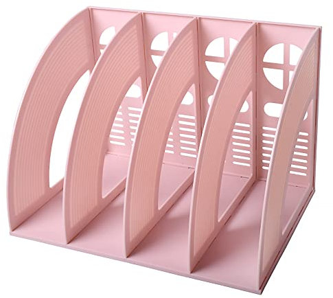 Marte Vanci Magazine File Holder, Sturdy Desk File Organiser Plastic Book Holder Desktop Magazine Rack A4 Paper Document Folder Shelf Divider Office Cabinet Storage Organiser Pink 4 Compartments