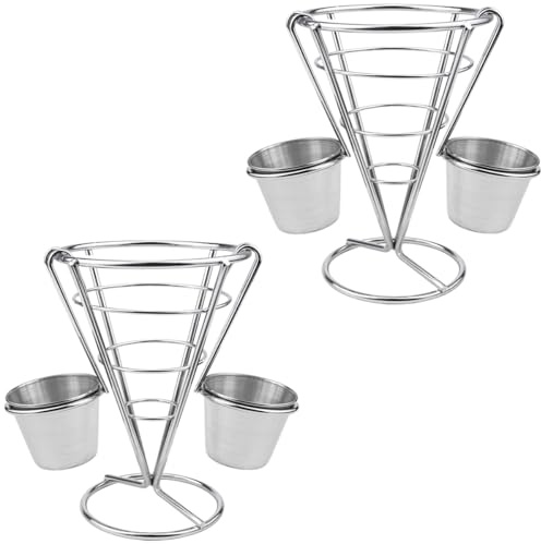 DOERDO DD 2PCS French Fries Stand Metal Chips Basket Holders | with Sauce Dippers, for Kitchen Restaurant Party Supplies