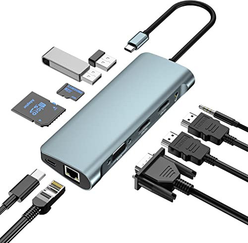 Estación de Acoplamiento, Concentrador USB-C 10 en 1, USB Tipo C hasta 4K 30 Hz HDMI 1080P VGA, PD de 87 W, 2 USB 3.0,Lector SD/TF, Ethernet RJ45 1000M, Audio de 3,5 mm para HP/Lenovo Portátiles