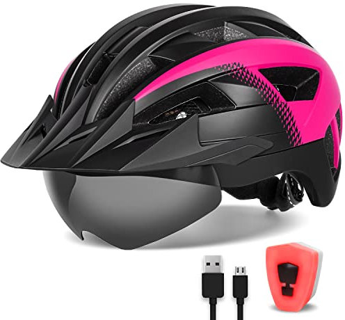 FUNWICT Fahrradhelm mit Visier für Herren Damen, Leichte Fahrradhelm mit Magnetischem Brille und USB-Aufladung LED Licht, Stylisch Mountainbike Helm (M: 54-58 cm, Schwarz Rosa)