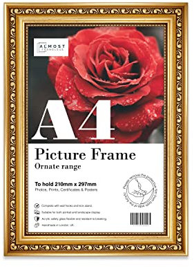 Almost Frameless A4 Gold Ornate Picture Frame Fits A4 (21 x 29.7cm - 8.3 x 11.7in) Poster, Photo, Artwork, or Print. Baroque Style Portrait and Landscape Display with Wall Hooks